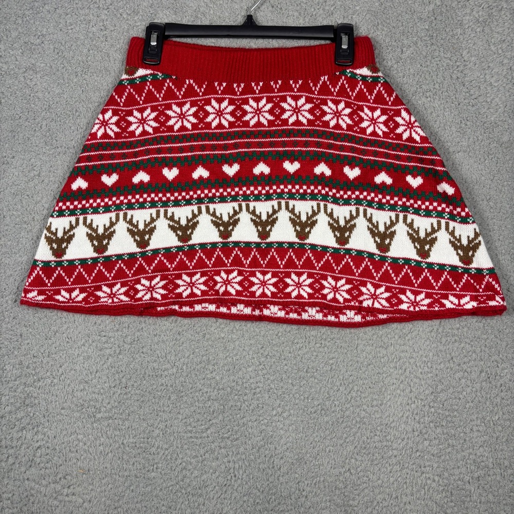 Born Famous Knit Skirt Womens S Red Reindeer Fair Isle Holiday Mini Skirt